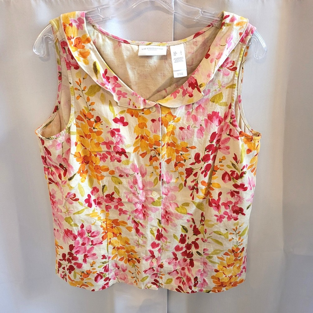 Watercolor Floral Women Top Large Ruffle Linen Blend Button Up Cottagecore 21973